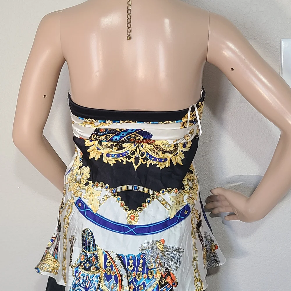 Cache Strapless Baroque-Print Satin Tank Top in Black, Gold, Blue, and White - Picture 6 of 11